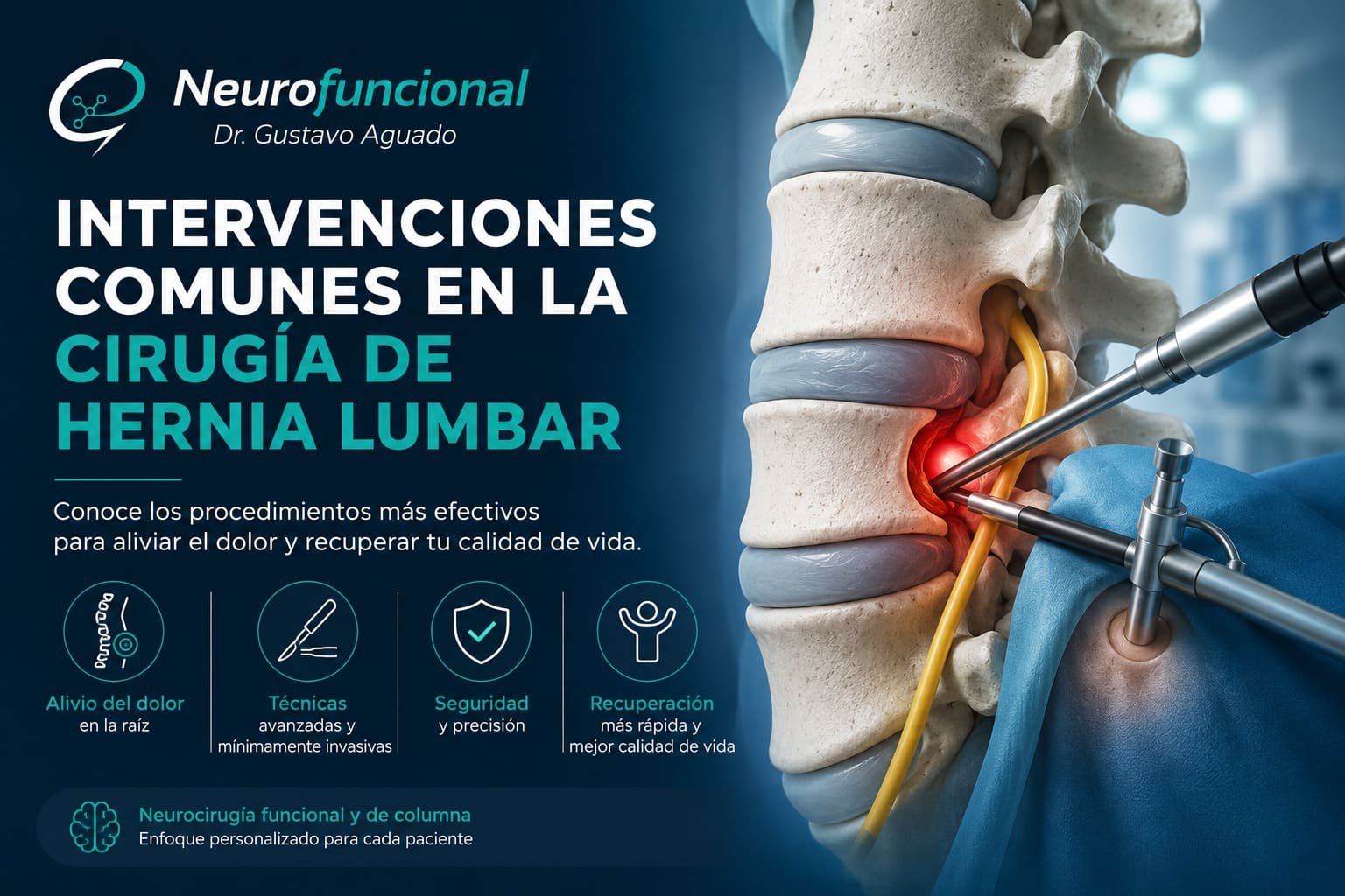 Intervenciones comunes para la cirugía de hernia de disco lumbar realizadas por el Dr. Gustavo Aguado en Neurofuncional MX.
