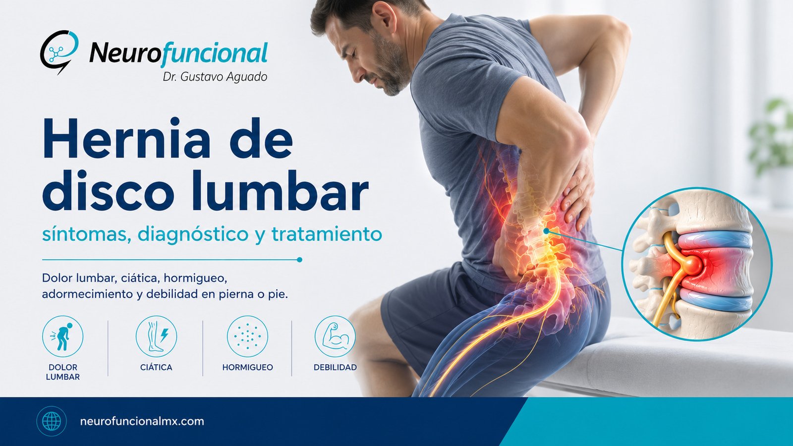 Hernia de disco lumbar con dolor lumbar, ciática, hormigueo y debilidad en pierna o pie