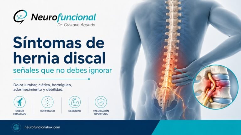 Síntomas de hernia discal como dolor lumbar, ciática, hormigueo, adormecimiento y debilidad